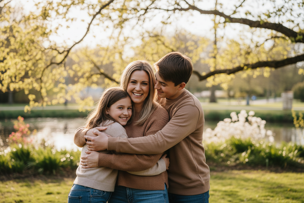 Madre de frente abrazando junto a su hija de 10 años y su hijo de 18 años